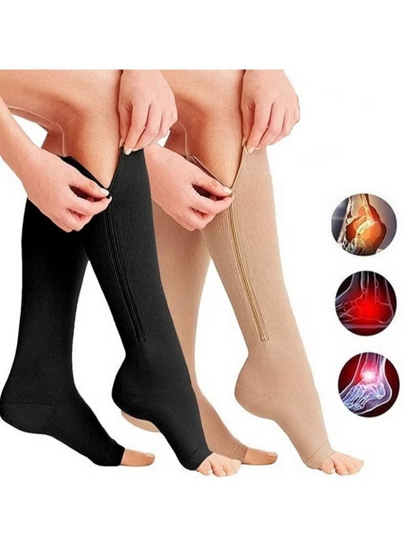 15 to 20mmHg Compression Socks 2 Pairs Toeless with Copper Fiber Open Toe Knee High Support Stockings with Zipper for Men and Women Flesh and Black - Image 1